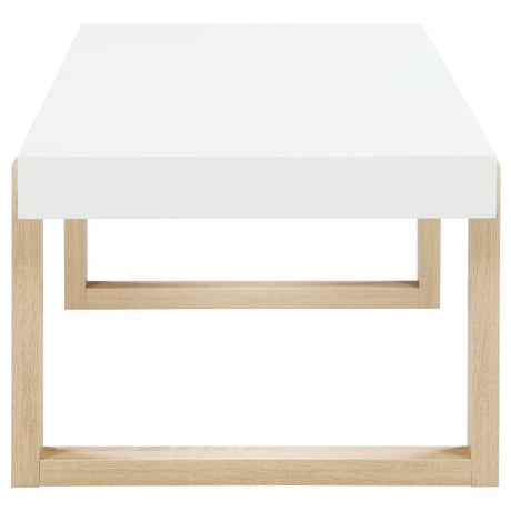 Pala - Mesa De Centro Rectangular Con Patín - Blanco Alto Brillo Y Natural