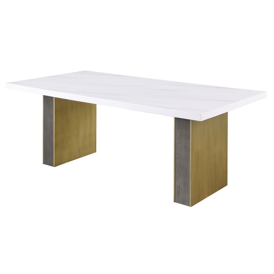 Carla - Mesa de comedor rectangular con tapa de mármol cultivado de Carrara - Blanco y dorado