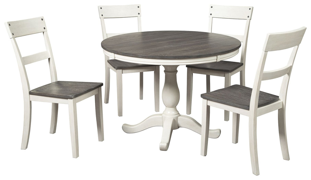 Nelling - Blanco / Marrón / Beige - 6 piezas. - Mesa de comedor, 4 sillas auxiliares.