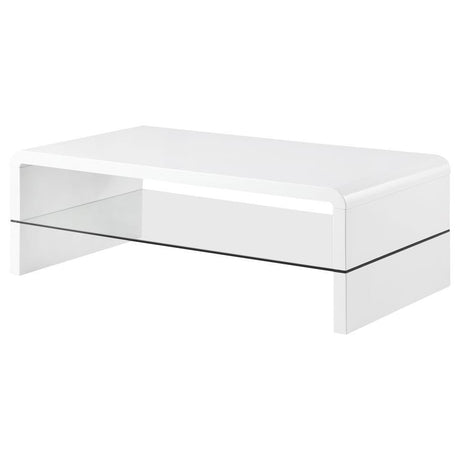 Airell - Mesa de centro rectangular con estante de cristal - Blanco brillante