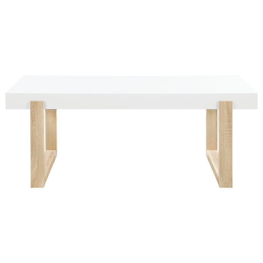 Pala - Mesa De Centro Rectangular Con Patín - Blanco Alto Brillo Y Natural