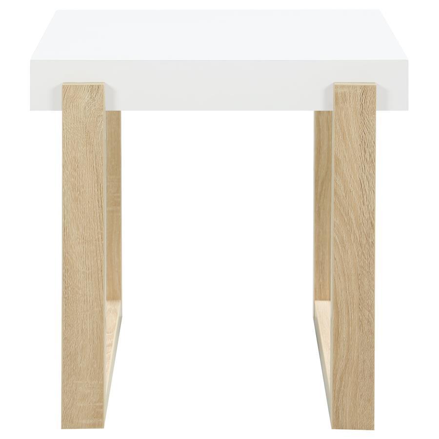 Pala - Mesa Auxiliar Rectangular Con Patín - Blanco Alto Brillo Y Natural