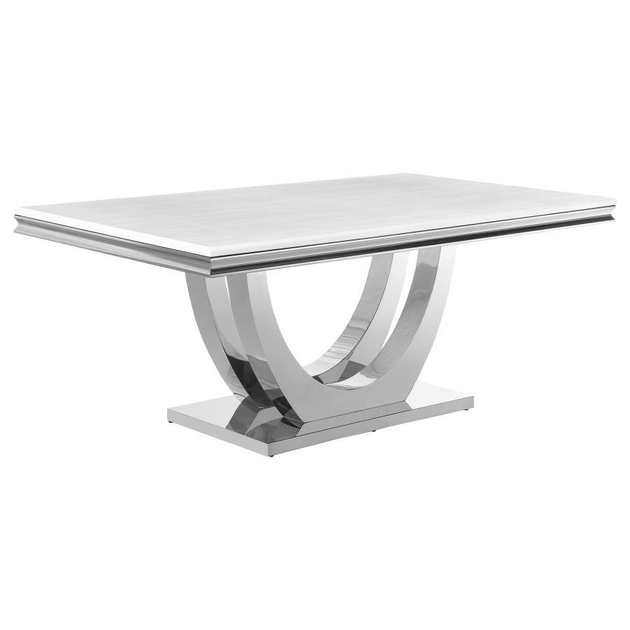 Kerwin - Mesa de comedor rectangular con tapa de mármol sintético - Blanco y cromo