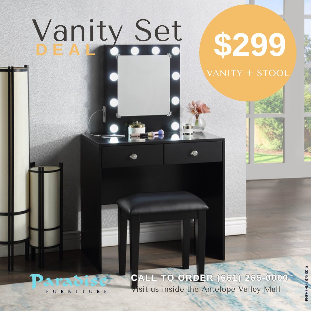 BLACK MAKEUP VANITY WITH 10 LIGHTS AND USB AND POWER OUTLET AND STOOL