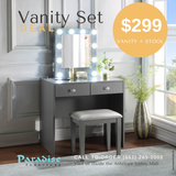 GREY MAKEUP VANITY WITH 10 LIGHTS AND USB AND POWER OUTLET AND STOOL