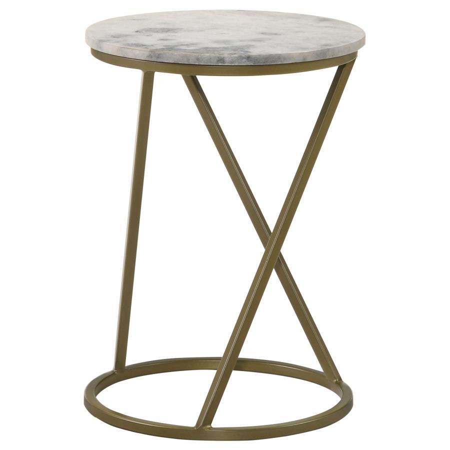 Malthe - Round Accent Table With Marble Top - White And Antique Gold