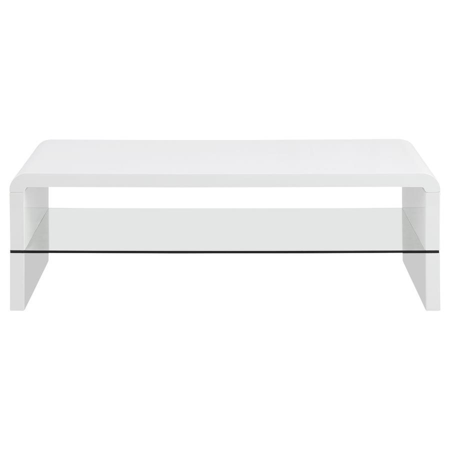 Airell - Mesa de centro rectangular con estante de cristal - Blanco brillante