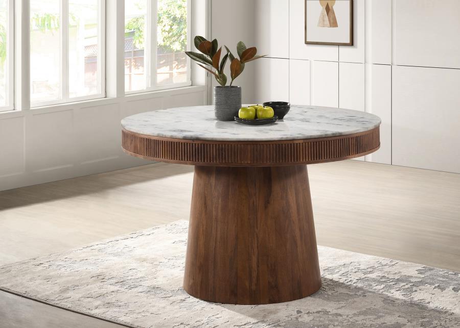 Ortega - Round Marble Top Solid Base Dining Table - White And Natural