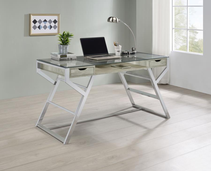 Emelle - 2-Drawer Glass Top Writing Desk - Gray Driftwood And Chrome