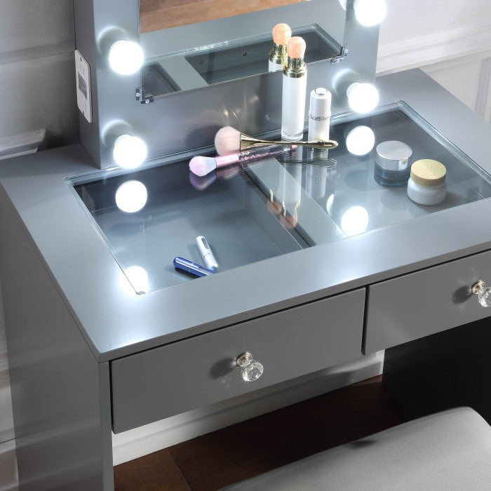 GREY MAKEUP VANITY WITH 10 LIGHTS AND USB AND POWER OUTLET AND STOOL