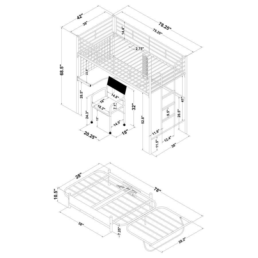 Jenner - Cama tipo loft con estación de trabajo tipo futón doble - Negro