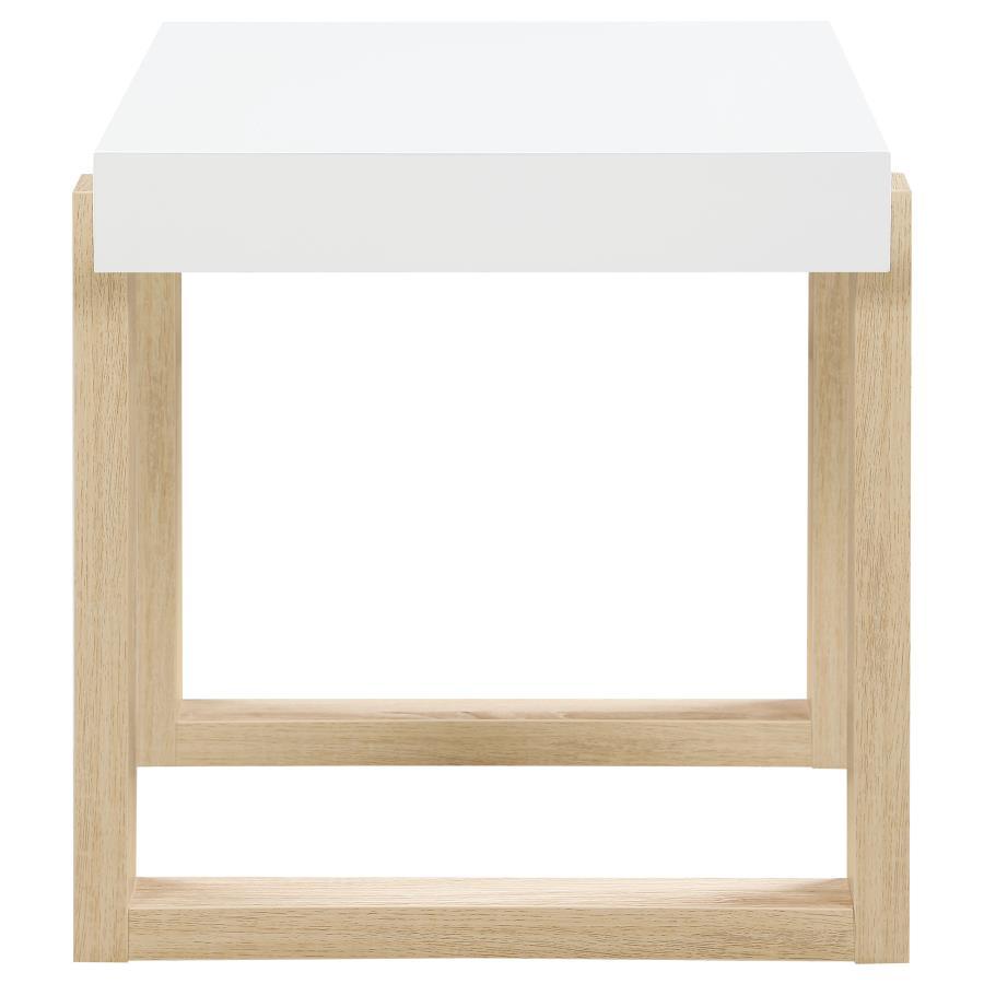 Pala - Mesa Auxiliar Rectangular Con Patín - Blanco Alto Brillo Y Natural