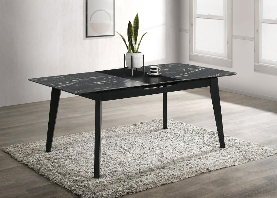 Crestmont - Mesa de comedor rectangular con tapa de mármol sintético y hoja extensible autoalmacenable de 16" - Gris