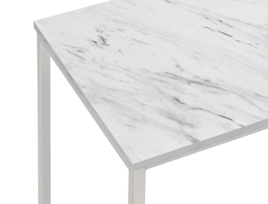 Leona - Faux Marble Square End Table - White And Satin Nickel