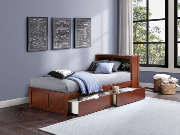 twin bookcase bed with storage boxes
