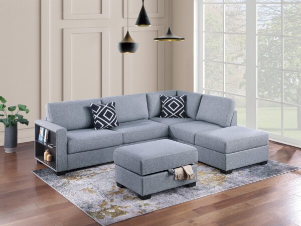 3pc reversible sectional with ottoman and built in shelf