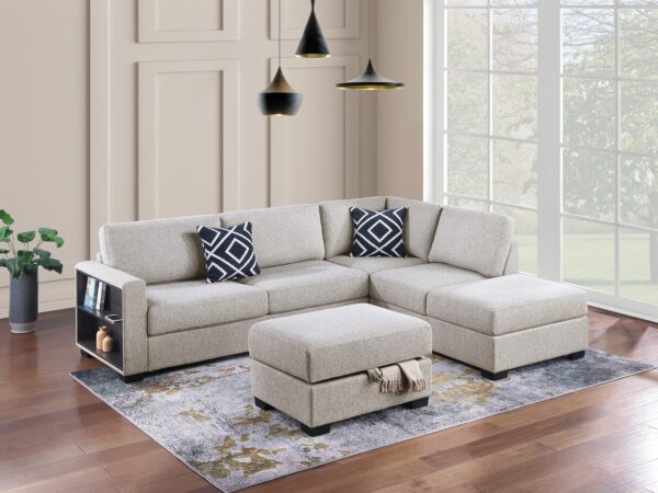 3 pc reversible sectional with ottoman and built in shelf