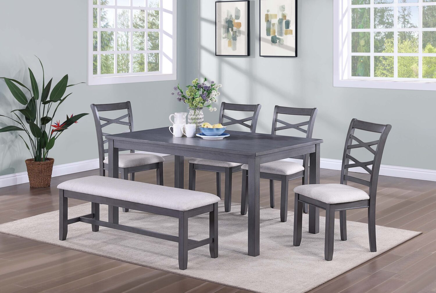 6 pcs classic dining set with bench in charcoal or gray 6 pcs classic dining set with bench in charcoal or gray