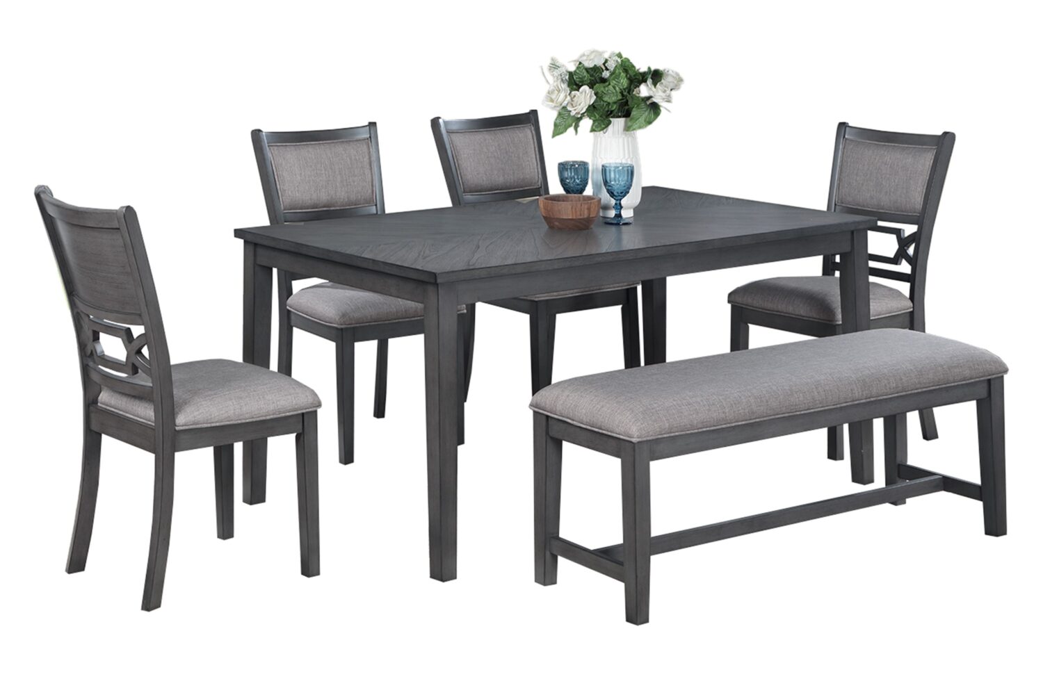 6 pcs classic dining set with bench in gray 6 pcs classic dining set with bench in gray