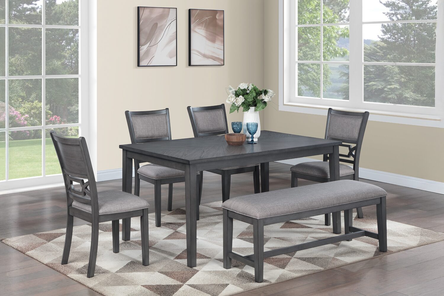 6 pcs classic dining set with bench in gray 6 pcs classic dining set with bench in gray