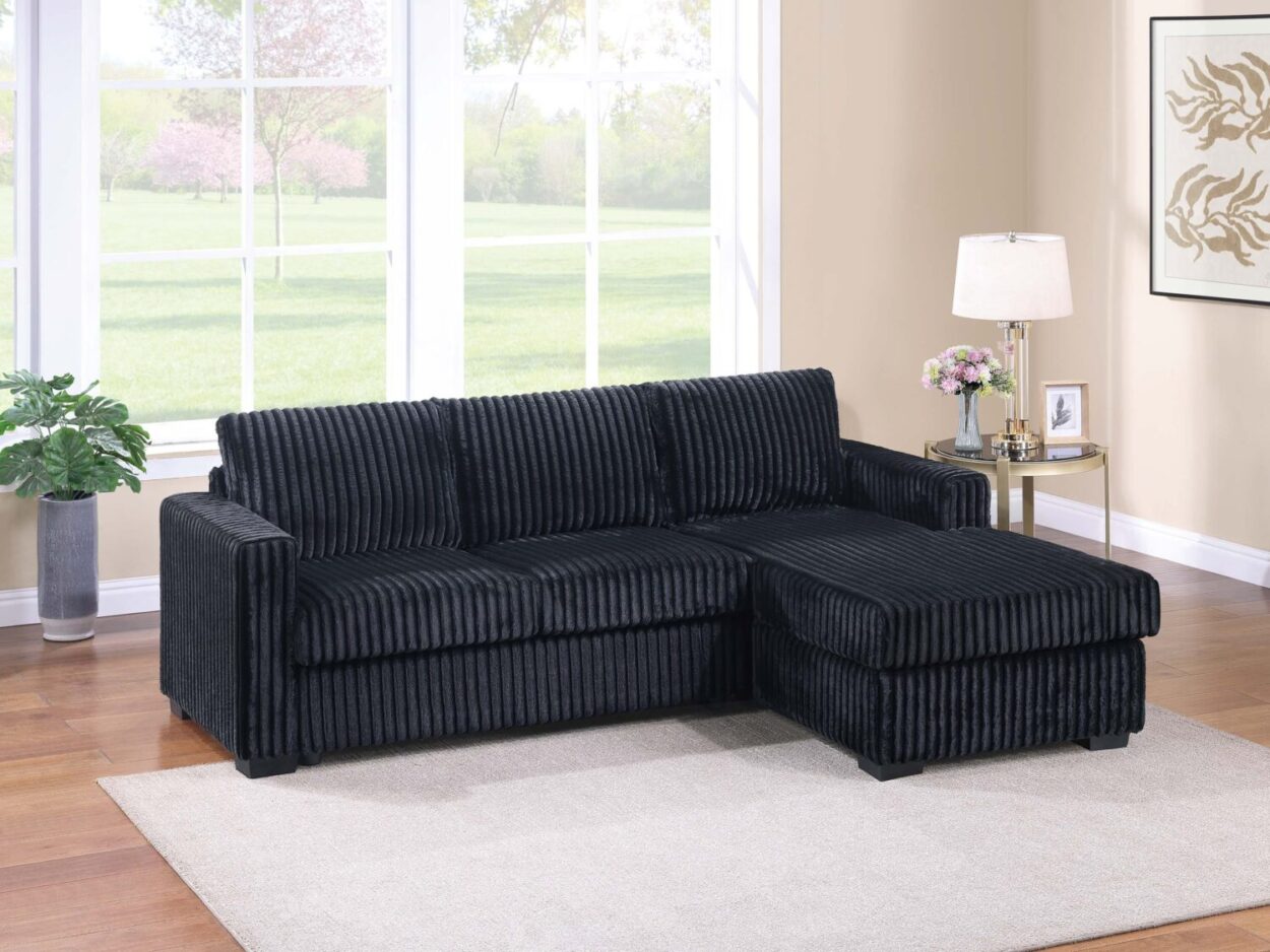 2-Piece Sectional Sofa Chaise in Black Fur-Like Corduroy