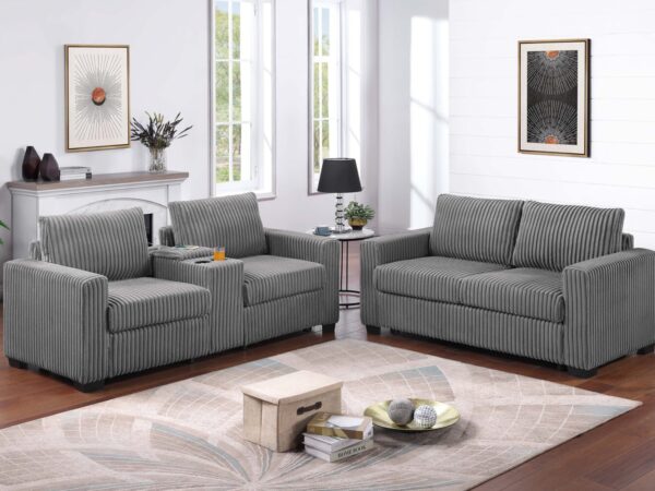 2 pc sofa & loveseat with built in center console in 4 fabric colors