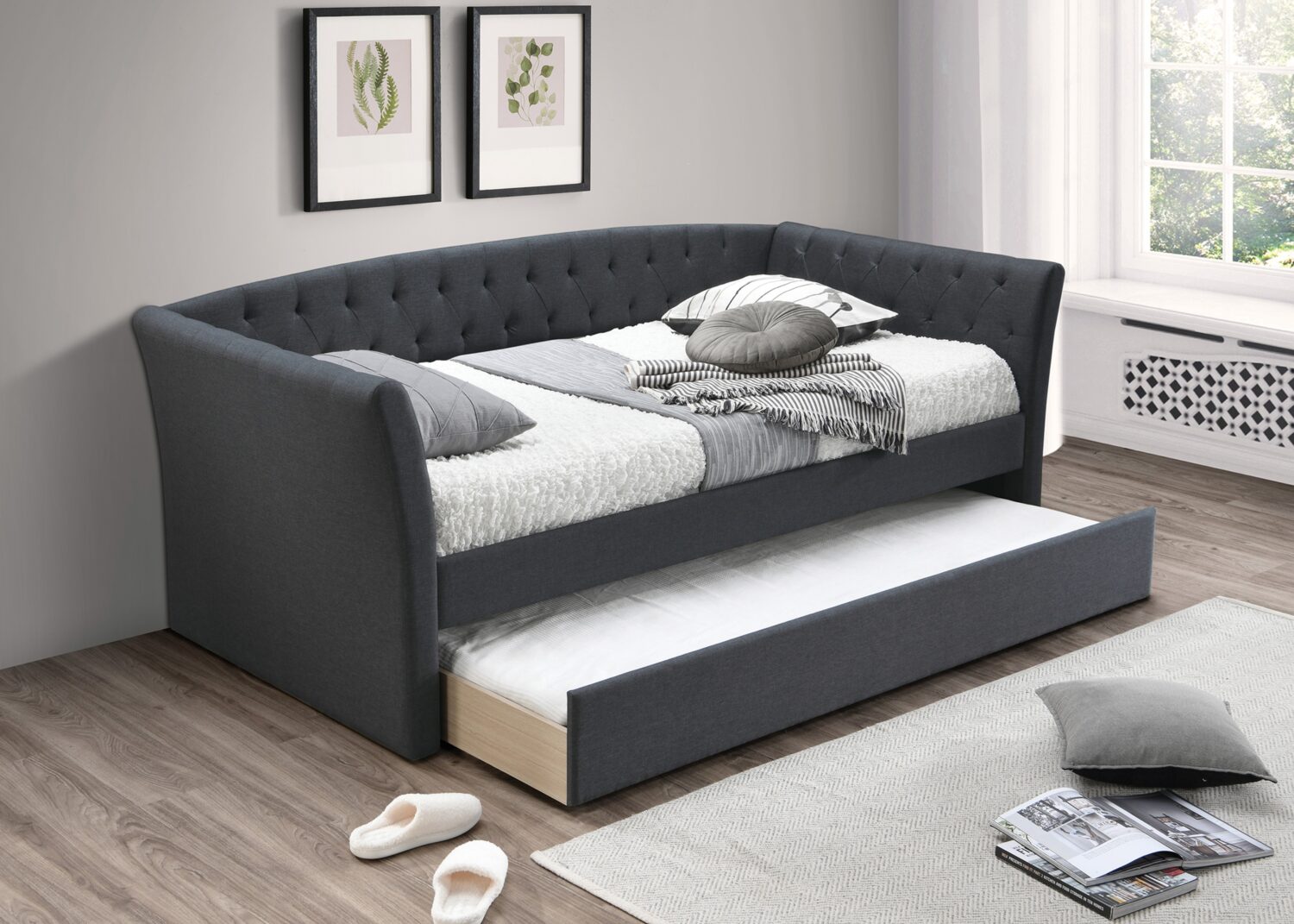 f9451 Day Bed w/ Slats + Trundle in charcoal, light brown and light grey