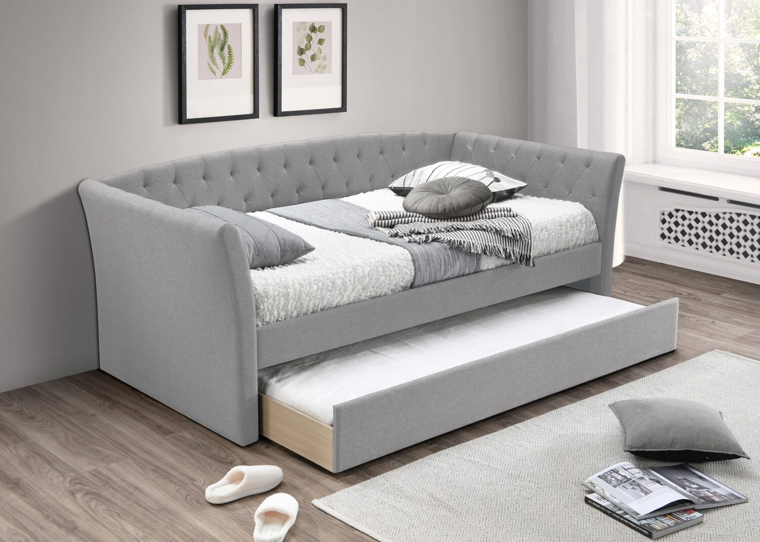 f9453 Day Bed w/ Slats + Trundle in charcoal, light brown and light grey