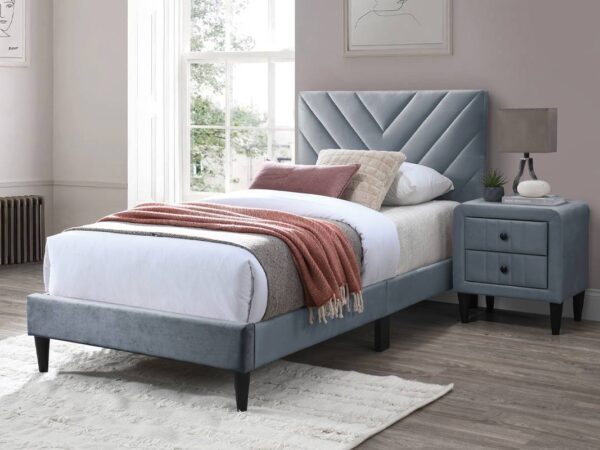 velvet gray, navy or l pink v stitch twin or full bed frame