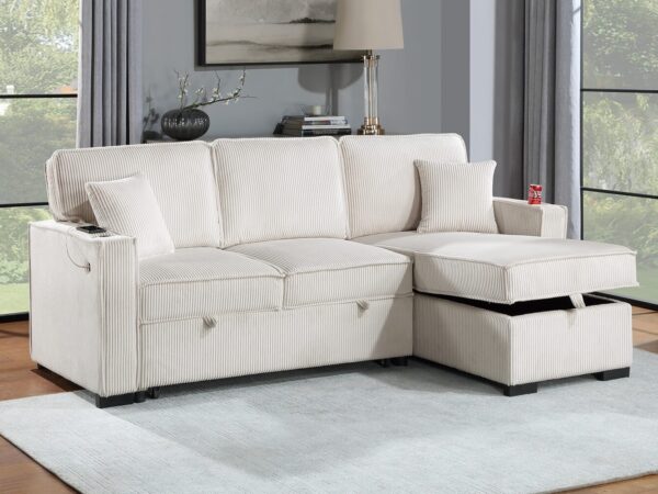 convertible sectional reversible storage chaise w/ cup holder & usb & usb c port