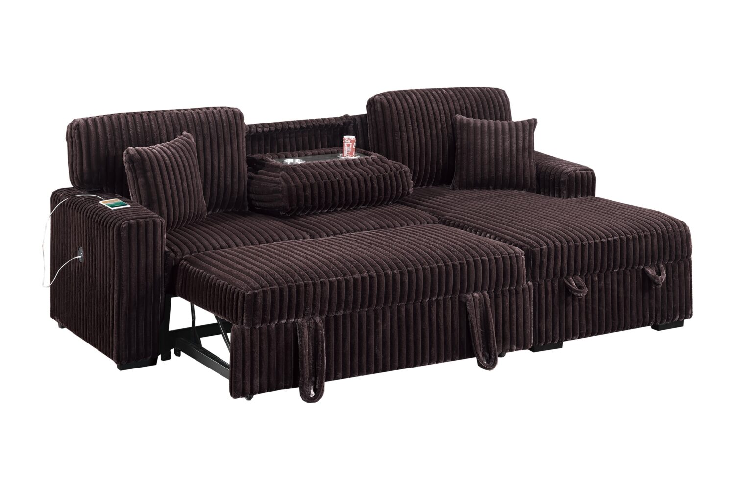 2 piece black or brown sectional sleeper sofa w/fold down table & chaise storage 2 piece black or brown sectional sleeper sofa w/fold down table & chaise storage