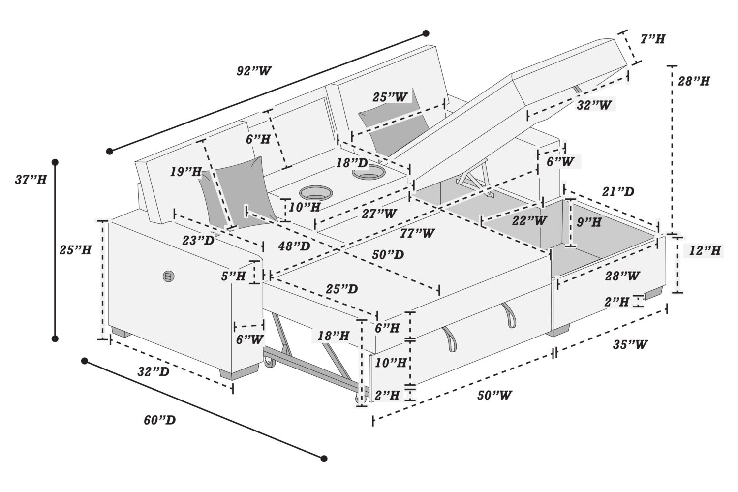 2 piece black or brown sectional sleeper sofa w/fold down table & chaise storage 2 piece black or brown sectional sleeper sofa w/fold down table & chaise storage