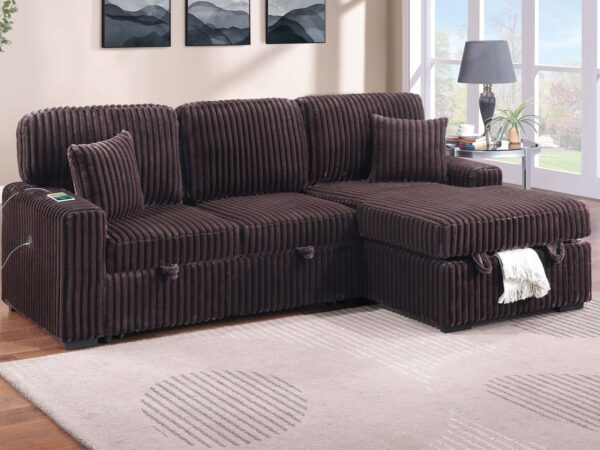 2 piece black or brown sectional sleeper sofa w/fold down table & chaise storage