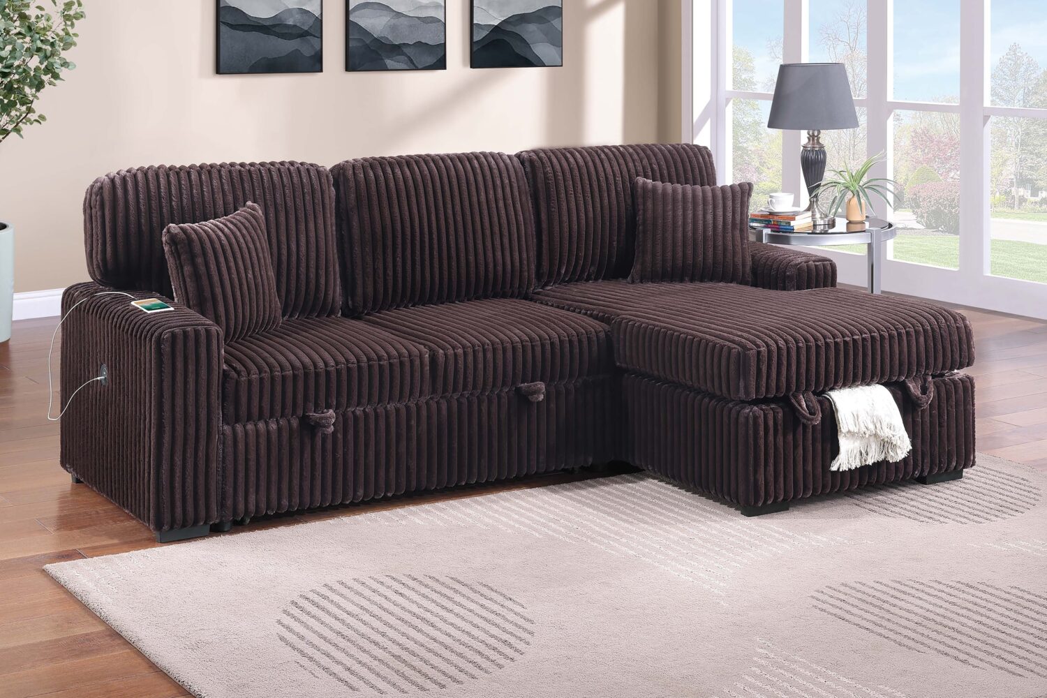 2 piece black or brown sectional sleeper sofa w/fold down table & chaise storage 2 piece black or brown sectional sleeper sofa w/fold down table & chaise storage