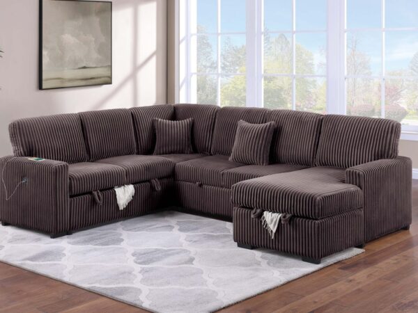 4 piece brown corduroy convertible storage sleeper sectional with usb power